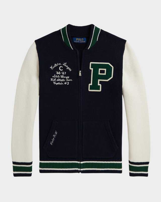 Boy's Intarsia Knit Logo Letterman Sweater, Size S-XL